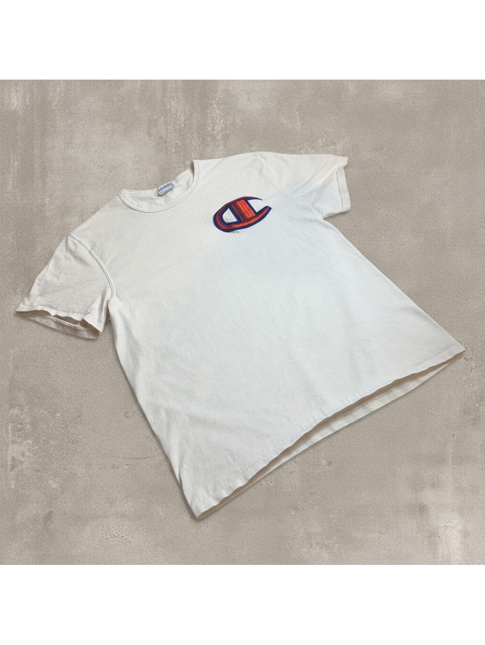 Champion Mens L Vintage Big C Logo Embroidered White Graphic T Shirt Tee